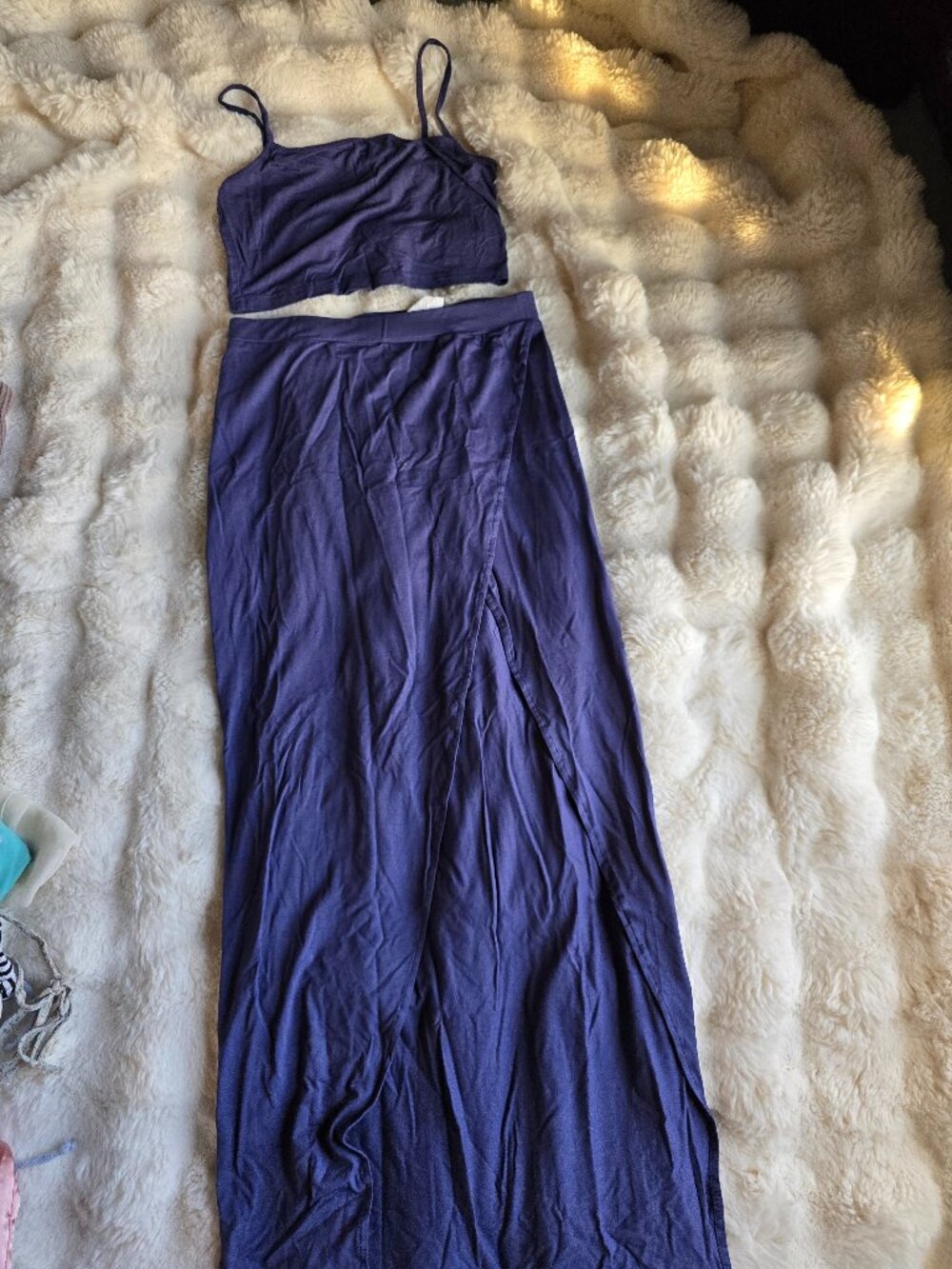 Two piece purple crop top and maxi skirt with slit set